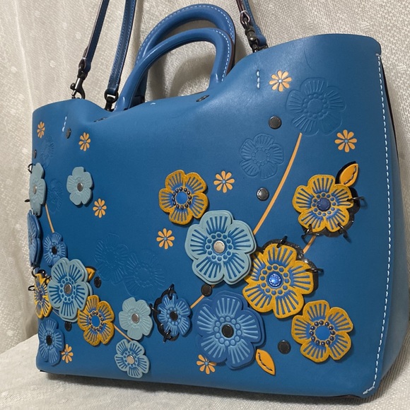 *SOLD*Coach Rogue Leather Tote With Linked Tea Rose In In River/black Copper - Picture 8 of 17